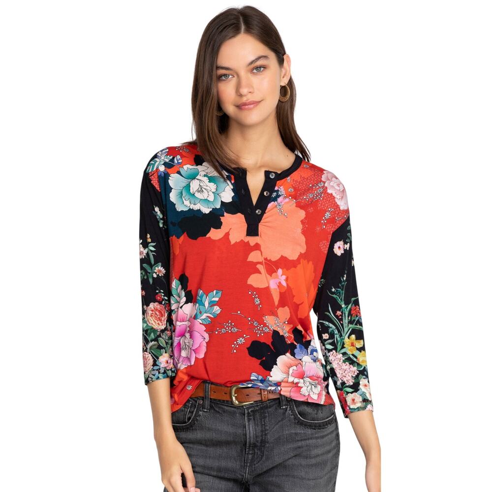 Johnny Was Tura Floral Henley Top Boho Knit Jersey Women's Size XS